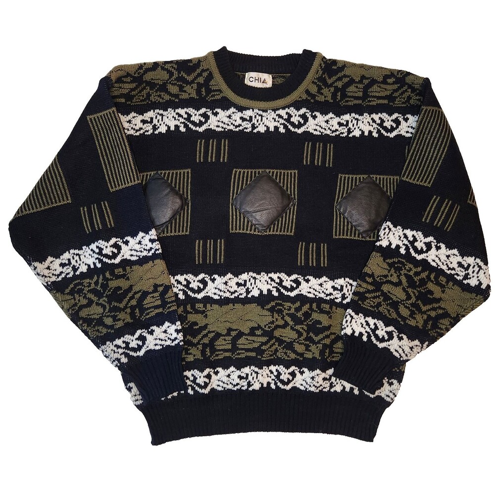 VTG 90's CHIA Men's Crewneck Knit Sweater Leather Patches Geometric Patterns LG